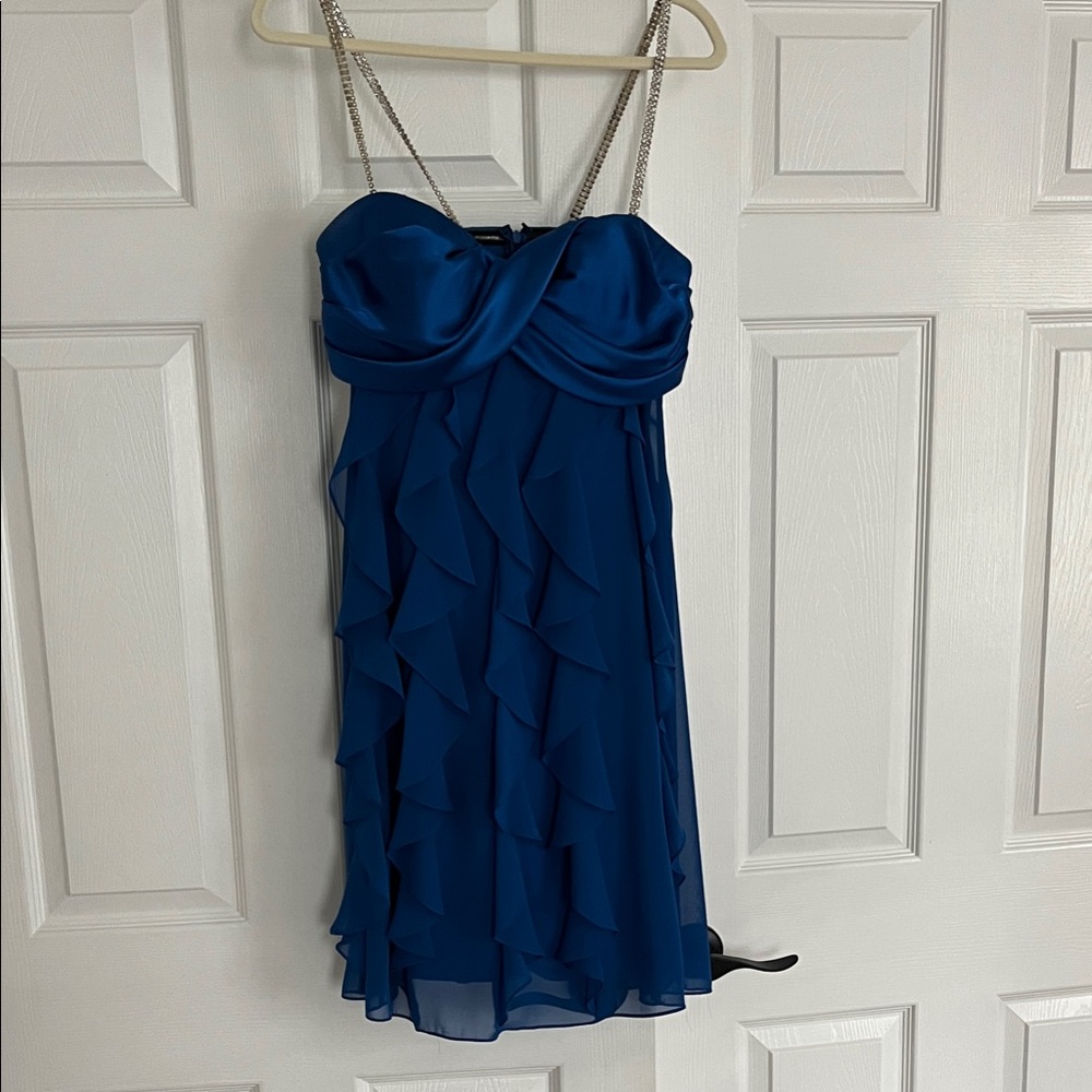 Xscape Strapless Dress with Chain Straps in Deep Blue